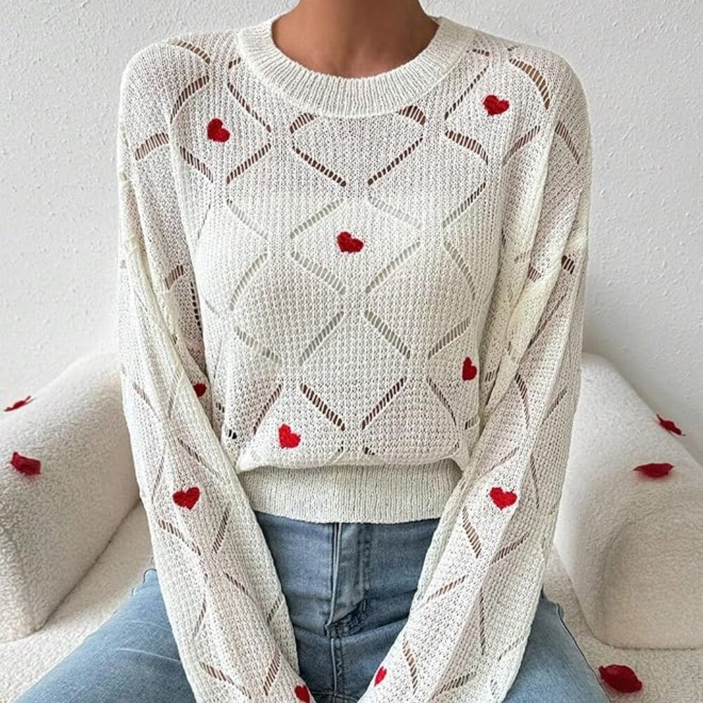 White Casual Women's Love Heart Embroidery Hollow Out Knitted Sweater